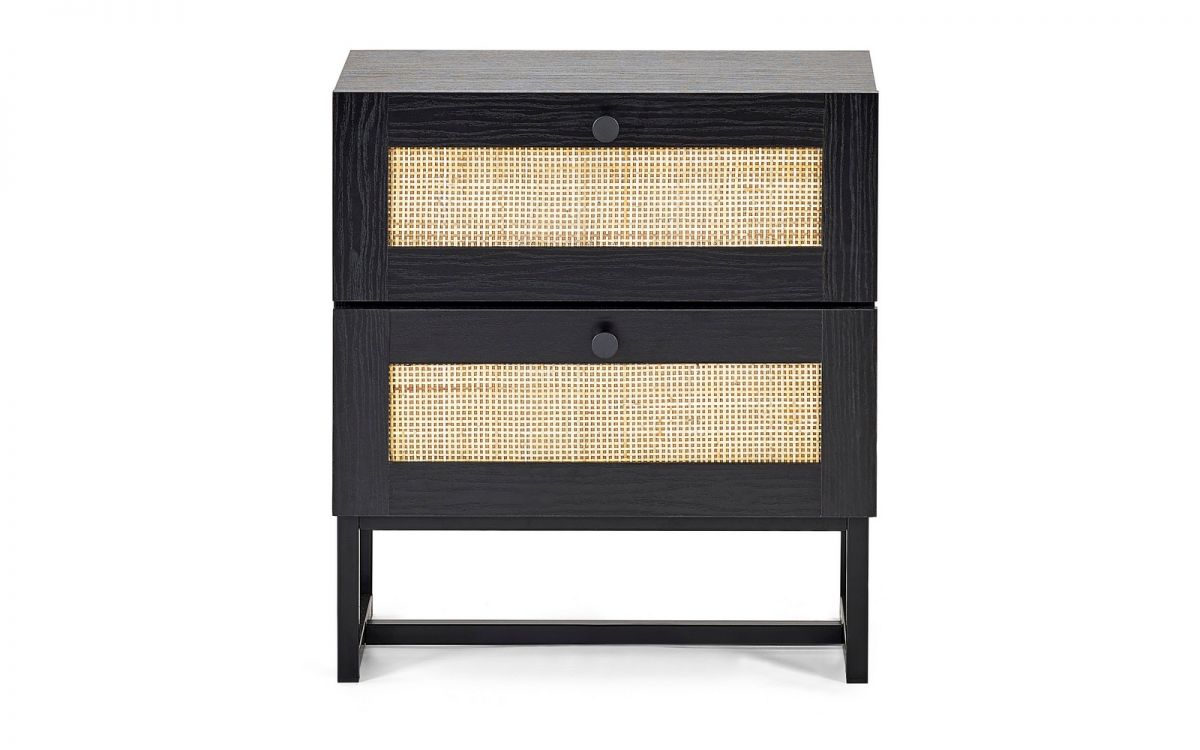 Black 2-Drawer Bedside with Rattan Fronts