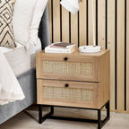 Natural Oak 2-Drawer Bedside with Rattan Fronts