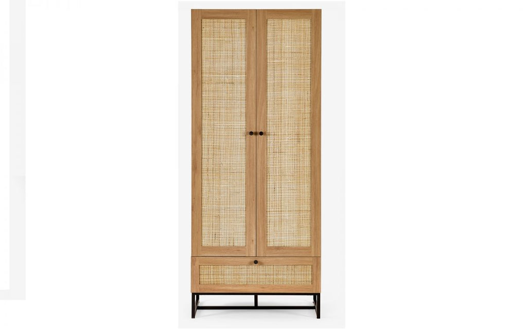 Natural Oak Wardrobe with Rattan Fronts