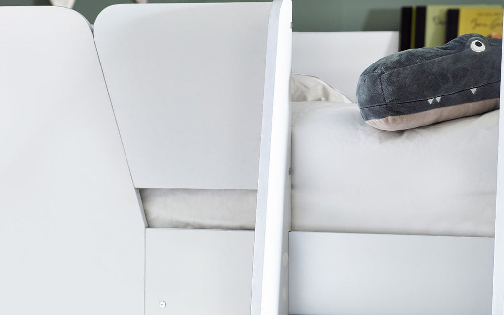 White Bunk Bed with Glow-in-Dark Ladder and Shelving - Twin