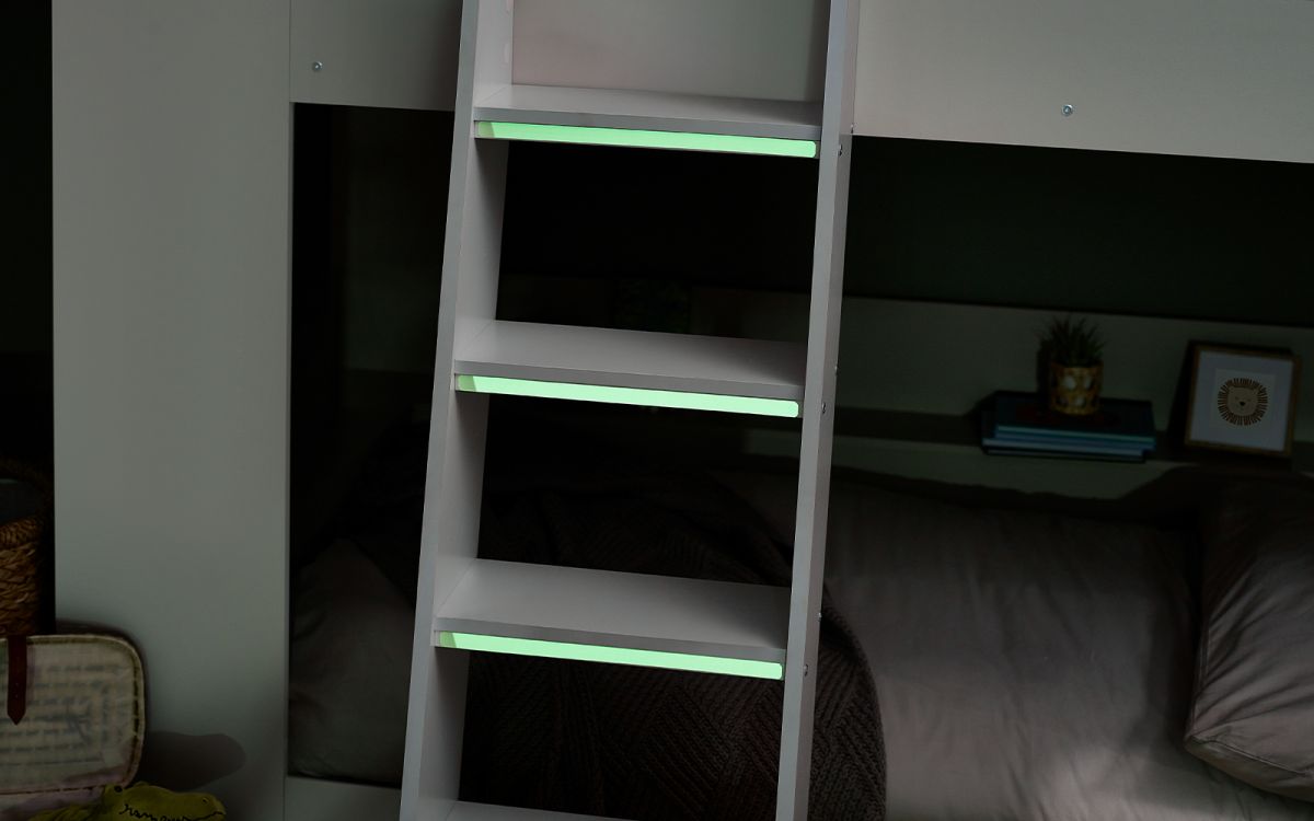 White Bunk Bed with Glow-in-Dark Ladder and Shelving - Twin