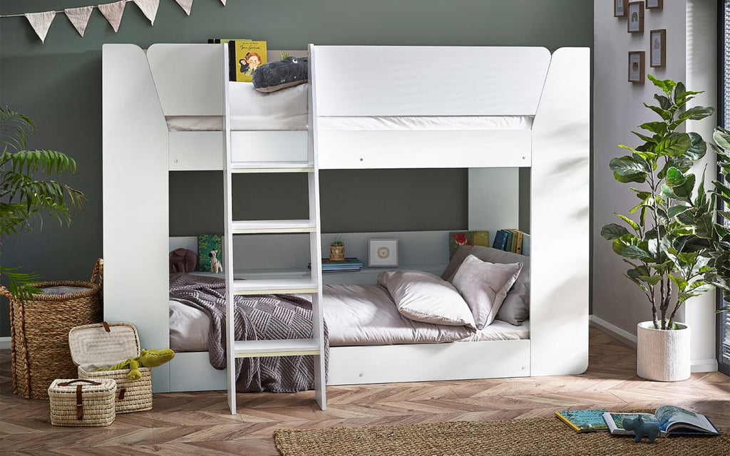 White Bunk Bed with Glow-in-Dark Ladder and Shelving - Twin