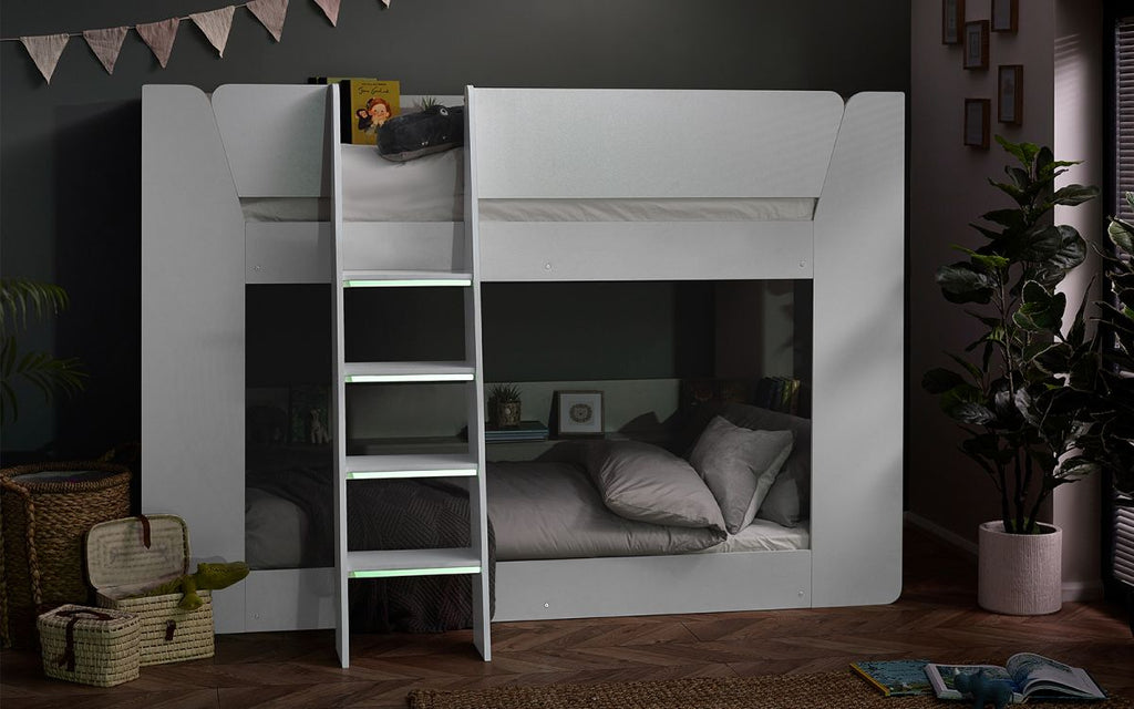 White Bunk Bed with Glow-in-Dark Ladder and Shelving - Twin
