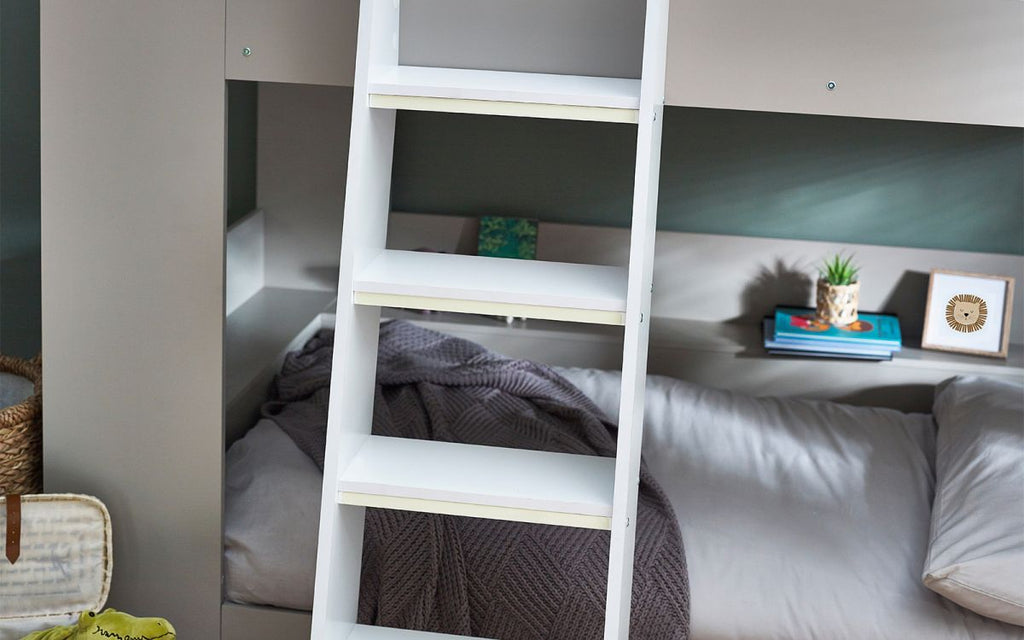 Taupe & White Bunk Bed with Glow-in-Dark Ladder and Shelving - Twin
