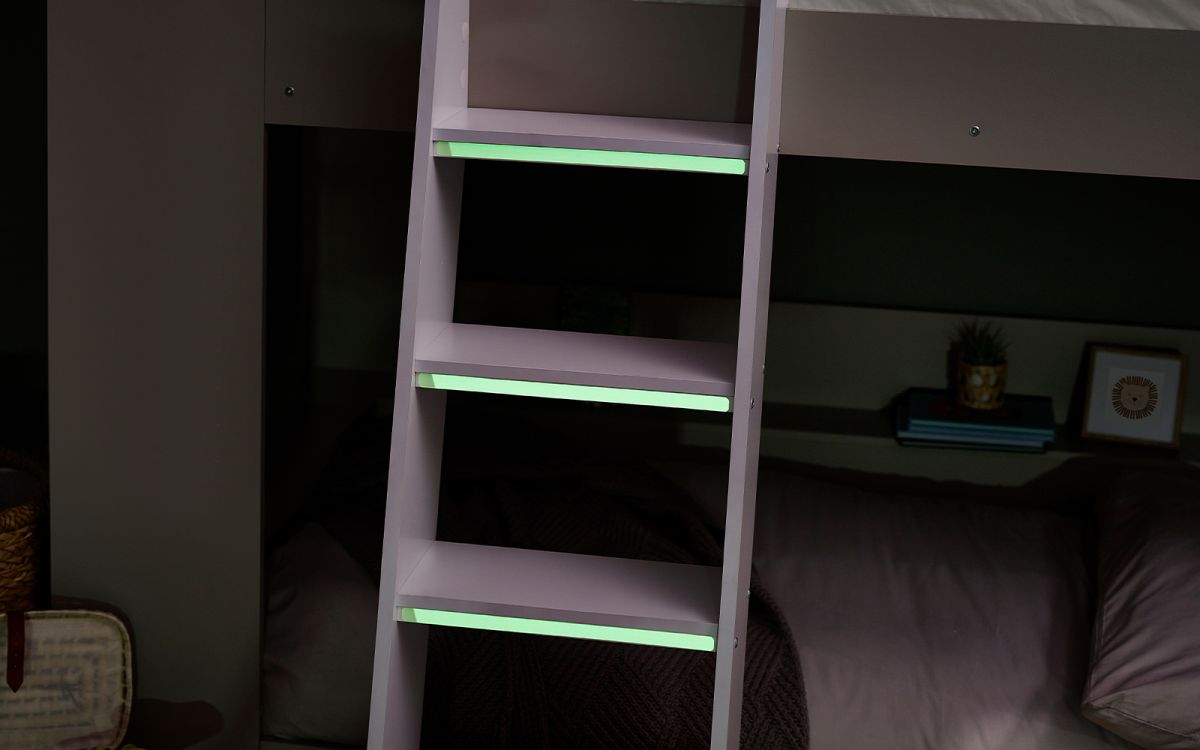 Taupe & White Bunk Bed with Glow-in-Dark Ladder and Shelving - Twin