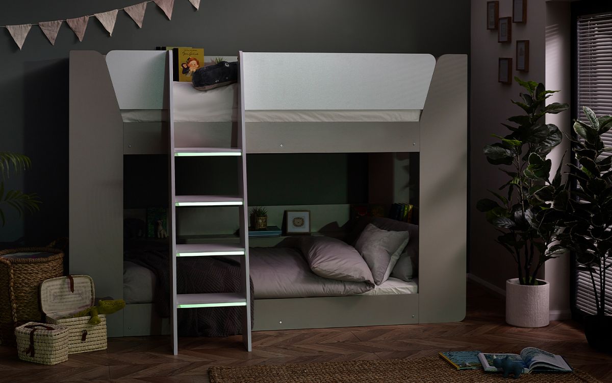 Taupe & White Bunk Bed with Glow-in-Dark Ladder and Shelving - Twin