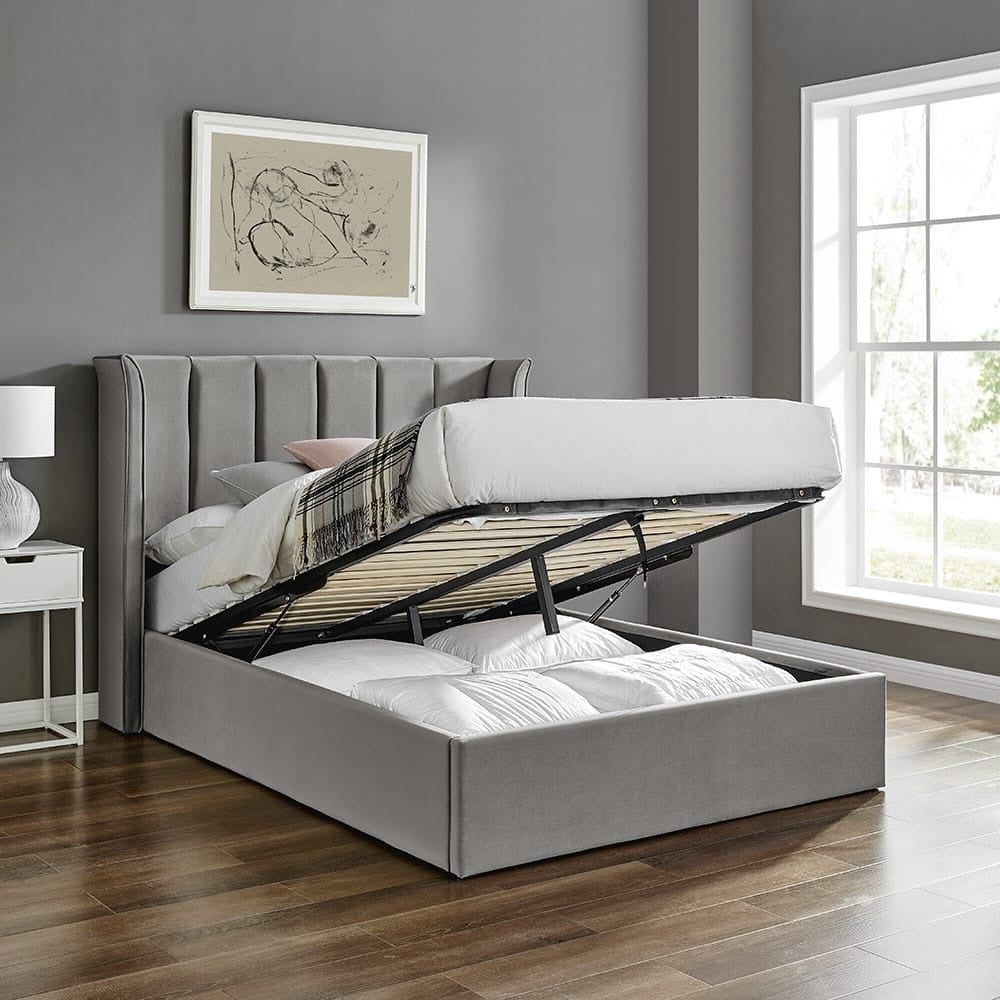 Silver Velvet Ottoman Storage Bed - Double